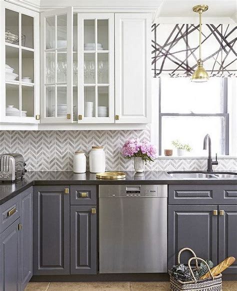 Blue and white colored kitchen cabinets to fresh up your cooking activity. White and Grey Kitchen Cabinets with Gold Hardware ...