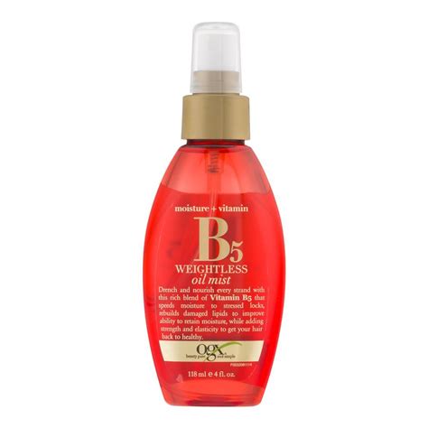 This lightweight hair mist is blended with coconut oil to add luster, shine and softness to strands. Order OGX Moisture + Vitamin B5 Weightless Hair Oil Mist ...