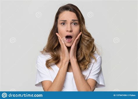 Shocked Woman Feeling Terrified Looking At Camera On White Background ...