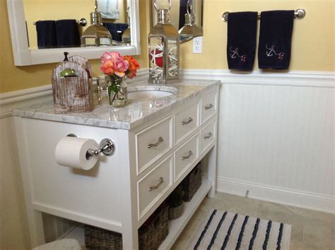 When you decide to use a panel kit for your wainscoting, you work directly with the supplier to design and measure the area which you want covered by wainscoting. Nautical bathroom. Love the white wainscoting. (With ...