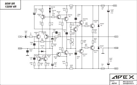 The circuit diagram of the 2000w class ab power amplifier uses 7 pairs of mj15003 and mj15004 transistors for the final amplification block. yiroshi class h amp circuit - Кладезь секретов