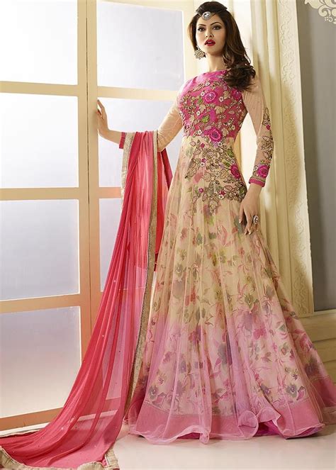 Online shopping wedding wear gowns, party wear gowns, engagement wear gown, sangeet wear gown, mehendi wear embroidery online floral embroidery anarkali gown green gown indian suits designer wear half sleeves ready to wear gowns. Urvashi Rautela Pink Readymade Floral Anarakli Suit | Indian gowns, Party wear, Dress collection