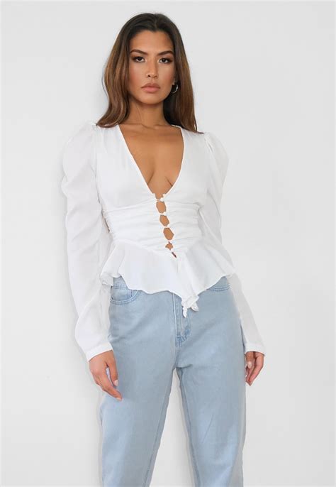 Polo ralph lauren women l cream blue anchor 100 silk pajama style blouse top. White Satin Button Cinched Waist Blouse | Missguided