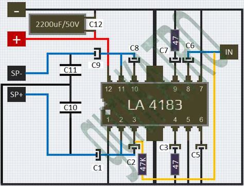 Skema buffer dengan ic ne5532, sumber : Skema Power Amplifier IC LA 4183 | guruKATRO