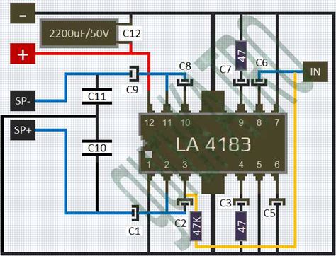 Skema buffer dengan ic ne5532, sumber : Skema Power Amplifier IC LA 4183 | guruKATRO