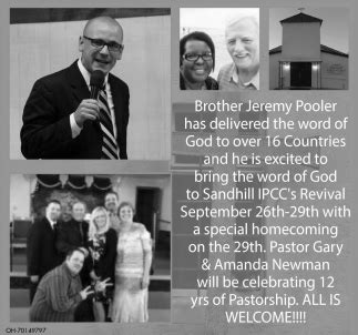 The church had congregations outside of north carolina as well, principally in south carolina and virginia. Brother Jeremy Pooler, Sandhill IPCC Church, South Shore, KY