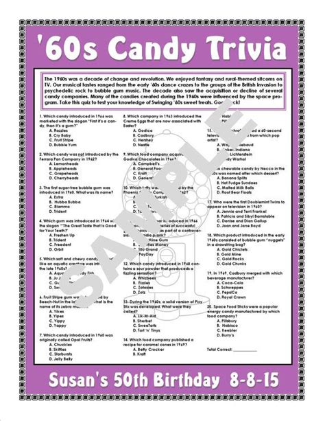 Unusually long game for mnf team. 1960s Candy Trivia Printable Game Candy-Themed Party Candy ...