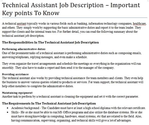 Free administrative assistant job description template how to hire an administrative assistant, from job posting to offer below is a job description template that you can customize for your administrative assistant. Technical Assistant Job Description - Important Key points ...