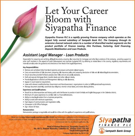 A knowledge of the use and meaning of finance metrics and tools. Assistant Manager Legal(Loan Products) at Siyapatha ...