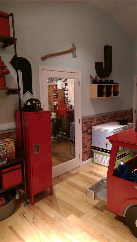 Room fire truck room firefighter bedroom new room home new homes bedroom images bedroom themes. Firefighter locker and decor | Firefighter room, Room ...