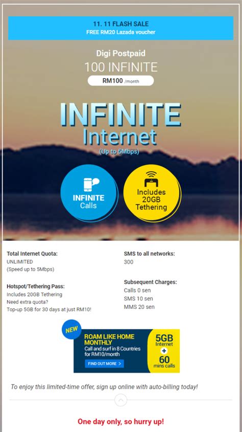 After 6 months of usage, your data quota will be upgraded to 9gb (6gb all day + 3gb weekend). Digi's Postpaid 100 Infinite plan is back for 24 hours ...