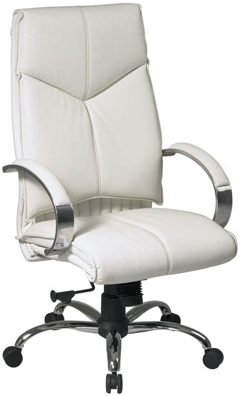 Durable eggshell white bonded leather on the seat is smooth and is accented with matching stitching. White Leather Chair