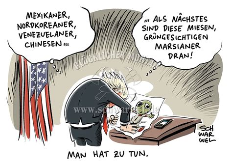 Damit endet die amtszeit trumps nach vier jahren und joe biden löst ihn als 46. - Schwarwel Karikatur