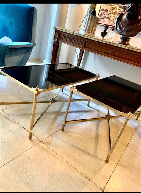 Maison jansen style coffee table with brass and chrome, france, 1970s. Pair of Maison Jansen Coffee Tables For Sale at 1stdibs