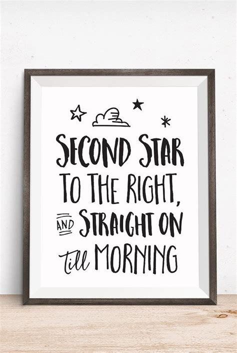 He simply tells wendy that he lives at second to the right, and straight on till morning, just because that was the first thing that popped into his head. Printable Art, Movie Book Quote, Second Star to the Right and Straight on Till Morning ...