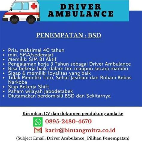 Beragam lowongan kerja sopir/pengemudi jakarta dan profesi lainnya dapat ditemukan di . Lowongan Driver / Supir Ambulance BSD - Indah Pratiwi di ...