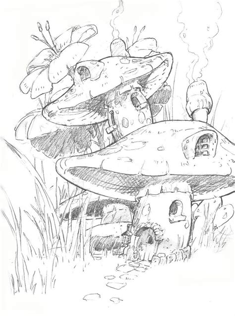 Frog and chameleon on mushroom advanced coloring page. fairy tree house drawings - Google Search | Fairy drawings ...