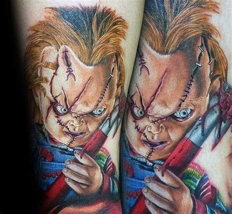 Colorful ripped skin chucky face tattoo on forearm. 80 Chucky Tattoo Ideas For Men - Horror Movie Designs
