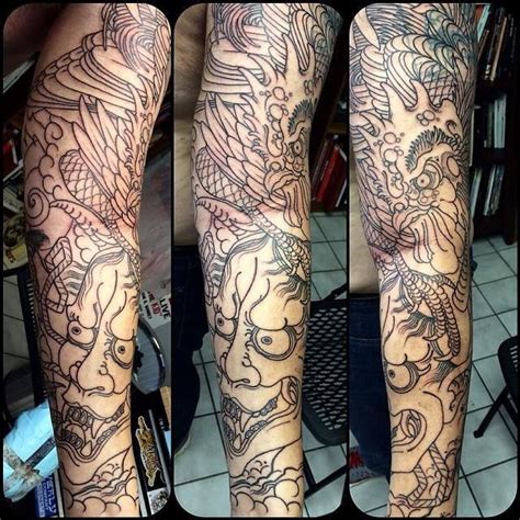 Moon and dagger tattoo, bloomington, indiana. Full sleeve 1st session; Rooster/hannya mask (Colin ...