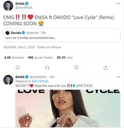 The new entry features, nigerian singer and dmw head huncho, davido who delivered as usual. Enisa secures a collaboration deal with Davido for "Love Cycle" remix