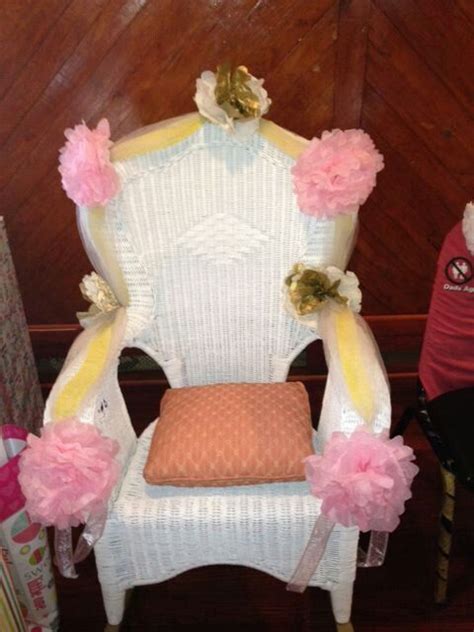 The white wicker chair is great for baby showers. My DIY wicker rocking baby shower chair with pink & gold ...