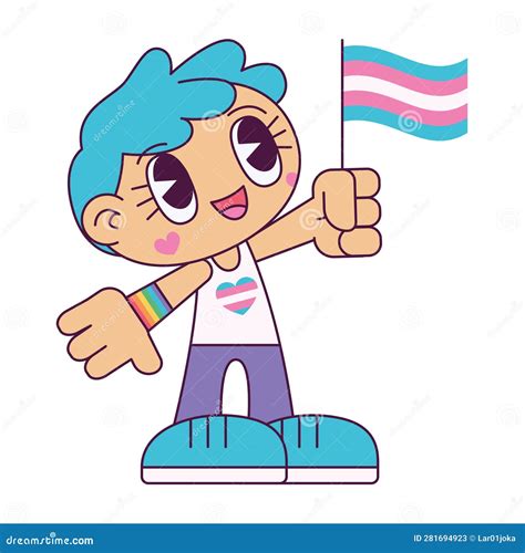 Isolated Cute Transgender Chibi Character Holding a Transexual Flag 