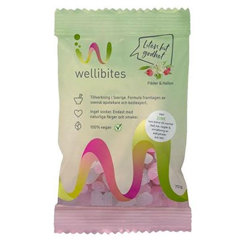 Sötningsmedel/sødemidler (maltitol, erythritol) majsstärkelse/maisstivelse, salmiak, lakrits, naturlig aroma (lakrits), naturlig. Wellibites Hyllebær & Bringebær 70 g - Boots
