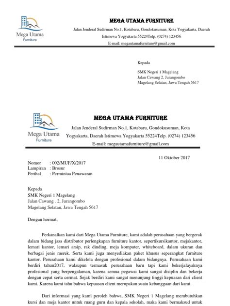 Surat penawaran barang merupakan surat yang dibutuhkan dalam kegiatan bisnis ketika melakukan proses penawaran barang atau jasa. Contoh Surat Penawaran Barang Furniture - Aneka Macam Contoh