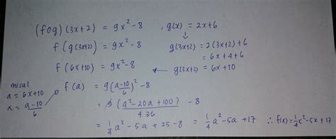 Persamaan garis yg sejajar sumbu x dan melalui (1,5) adalah. 18. Jika diketahui (f o g)(3x + 2) = 9x2 - 8 dan fungsi g ...