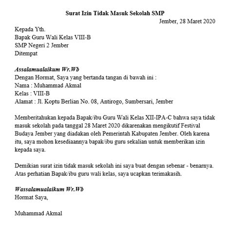 Memohon izin untuk tidak masuk kerja pada tanggal 9 september 2020 sehubungan dengan kondisi badan yang kurang baik (sakit). 16+ Contoh Surat Izin Tidak Masuk Sekolah 100% Pasti di ...