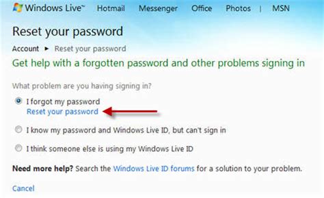 Reset Windows Live Account Password