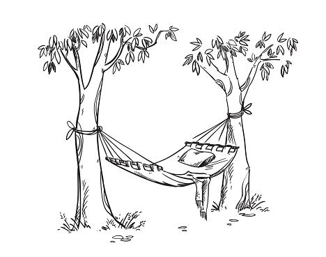 581x600 cartoon blacknd white line. Cosy Hammock In A Garden Vector Line Drawing Stock ...