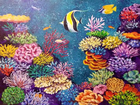 This is such a beautiful painting, and i was thinking about painting a coral reef onto a jacket, so this was super helpful! Coral Reef Acrylic Painting in 2020 | Acrylic painting tutorials, Coral painting, Coral reef drawing