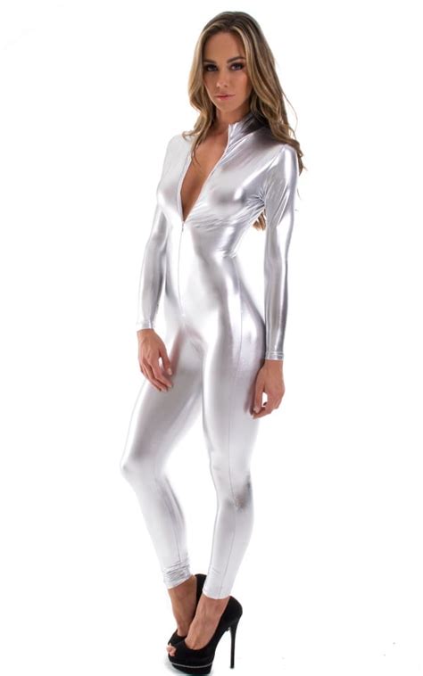 Spandex, lycra, or elastane is a synthetic fiber known for its exceptional elasticity. Front Zipper Catsuit-Bodysuit in Liquid Silver | Skinzwear.com