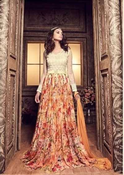 Order partywear anarkali gown code rangat 34001 via whatsapp on +919619659727. Partywear Floral Anarkali Gown : Buy Peach Color Netted ...