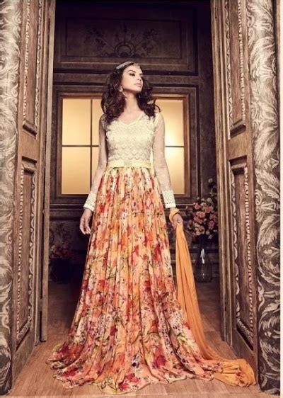 Every woman loves to wear a classic gown at their functions. Partywear Floral Anarkali Gown : Buy Peach Color Netted ...