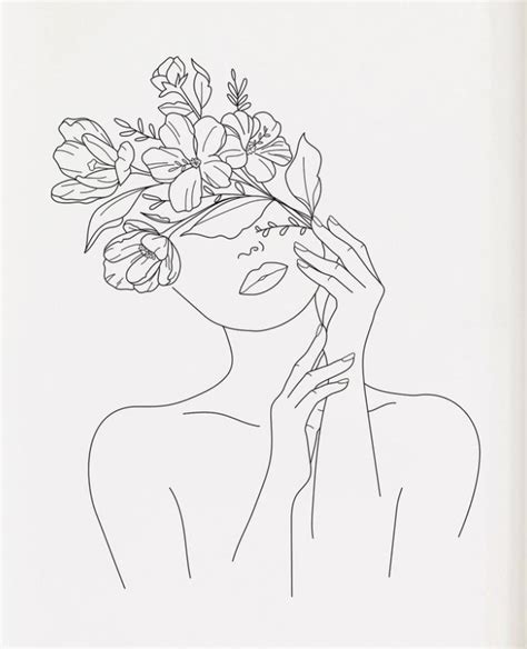 Black & white botanical illustration print minimalist line | etsy. flower face female line drawing tattoo inspiration in 2020 ...