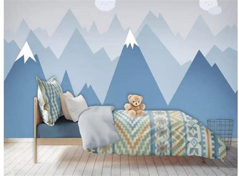 Best bedroom murals for decor your home: Hand Painted Blue Geometric Mountains Nursery Wallpaper ...