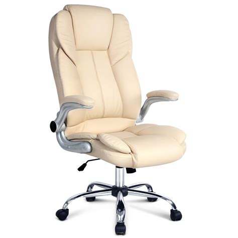 Padded pu leather gas lift office chair in black pu leather upholstery smooth plastic castors steel supports adjustable gas lift mechanism. PU Leather Executive Office Chair - Beige