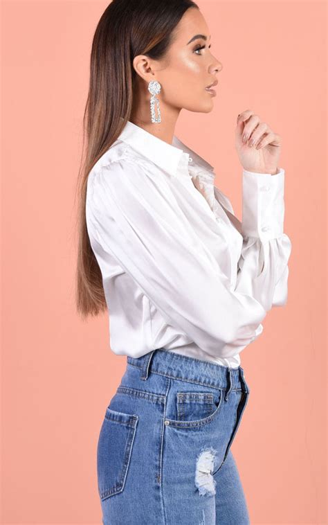 Office wear casual white satin collar button down blouse with long sleeve shirt. Satin Blouse White | LILY LULU FASHION | SilkFred