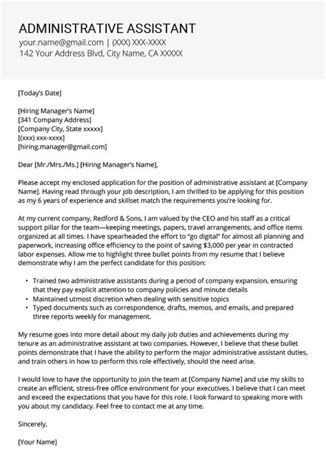 As an experienced administrative assistant, i am adept at managing the day to day workflow activities, from providing administrative support to departmental managers to serving as. Administrative Assistant Cover Letter Example & Tips ...