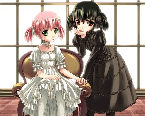 Zero), redhead, looking at viewer, smiling, re:zero kara hajimeru isekai seikatsu, black hair red eyes, wristwear, blush, blonde, loli, mahira (granblue fantasy), long hair, anime, animal ears, pointed ears, granblue fantasy. 2girls askray black hair choker dress goth-loli green eyes loli lolita fashion moe (bosshi ...