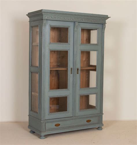 Custom grape stained glass cabinet doors made by artist kim p. Antique Blue Painted Cabinet Bookcase with Glass Doors in ...