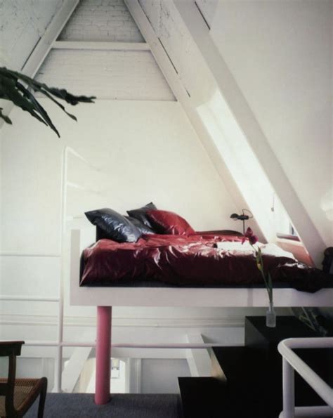 Bunk beds are supported on four pillars on each corner. Weiss Apartment in the attic of The Dakota, 1980 | Loft bed, Home decor, Bed