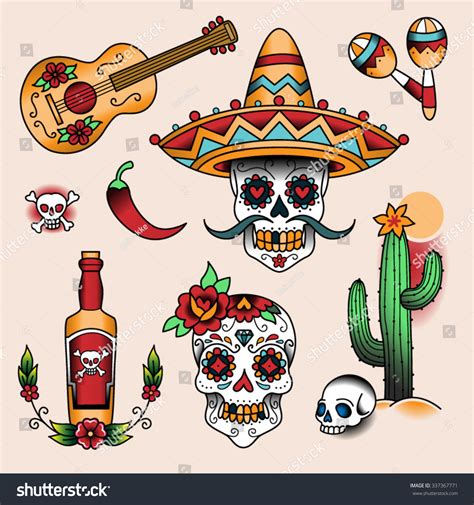 Mini tattoos rose tattoos body art tattoos new tattoos small tattoos tatoos tattoo son diy tattoo unique tattoos. Mexican Symbols Set Color Tattoos Traditional Stock Vector ...