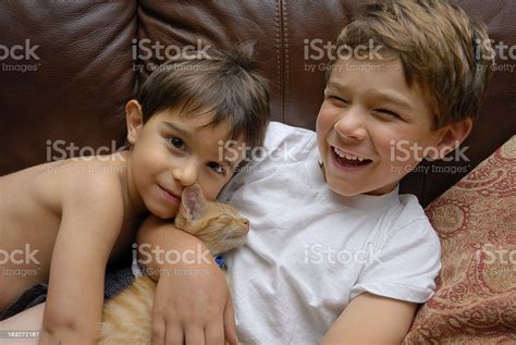 Berner sport club young boys. Two Young Boys Laughing With Kitten Stock Photo - Download ...