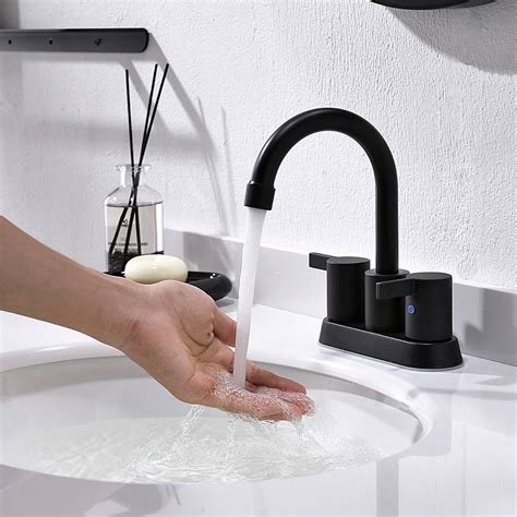 Wowow bathroom faucet black 4 inch bathroom sink faucet centerset lift rod drain stopper 2 handle lavatory commercial contemporary besy black waterfall spout bathroom faucet, single handle bathroom sink faucet, rv lavatory vessel faucet with deck plate, brass, matte black, 1 or. 4 Inch 2 Handle Centerset Matte Black Lead-Free Bathroom ...