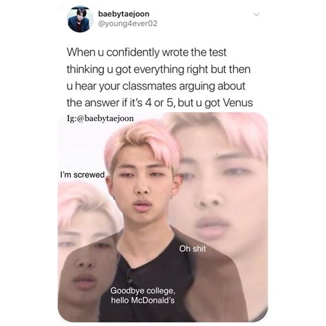 Bts meme tweets that put models career in shambles. goodbye college hello McDonald's I just pulled an all ...