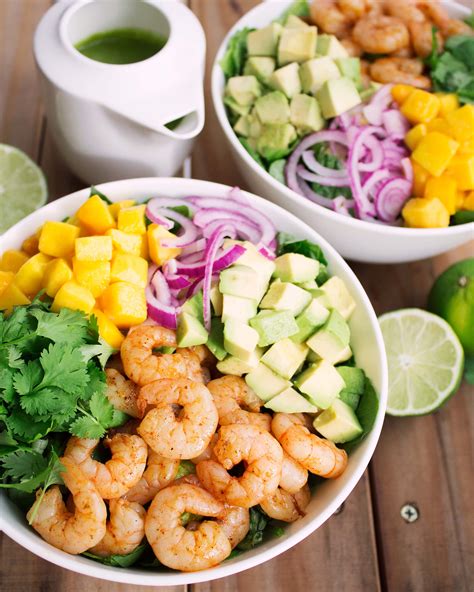 Add mangoes, red pepper, carrot, red onion, cilantro and mint; Mango Shrimp Salad with Cilantro Lime Vinaigrette - Kit's ...