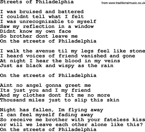 Streets of philadelphia bruce springsteen. Bruce Springsteen song: Streets Of Philadelphia, lyrics